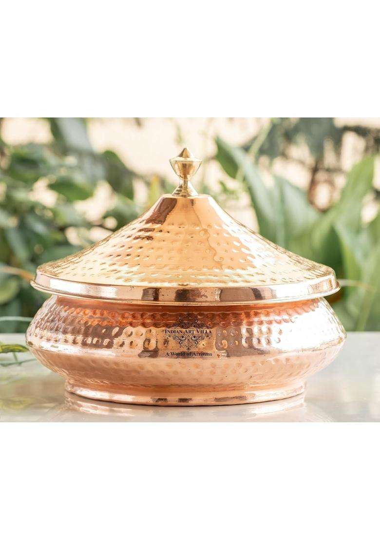 INDIAN ART VILLA Steel Copper Mughlai Handi Cooking Pot with Copper Lid | 300 ml | 10.1 fl oz | Hammered Finish - Indya