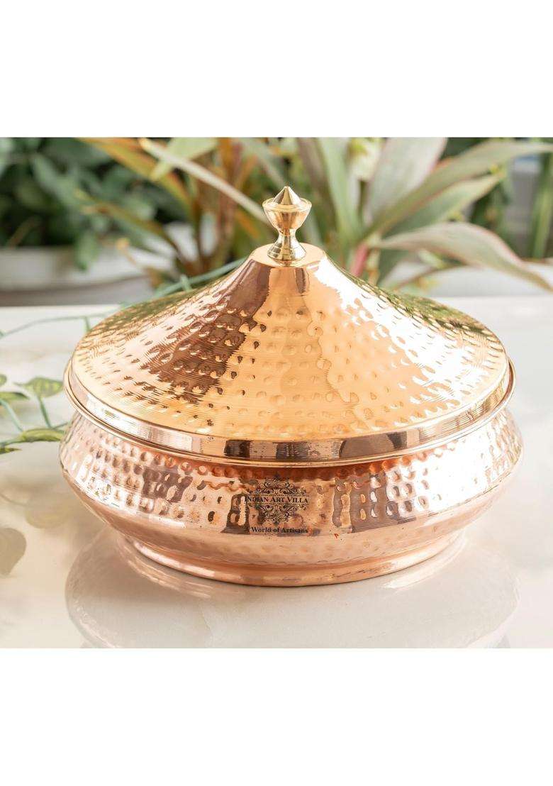 INDIAN ART VILLA Steel Copper Mughlai Handi Cooking Pot with Copper Lid | 300 ml | 10.1 fl oz | Hammered Finish - Indya