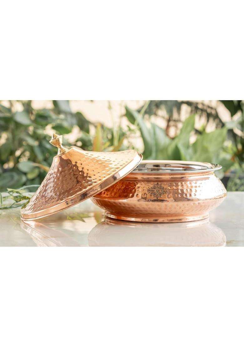 INDIAN ART VILLA Steel Copper Mughlai Handi Cooking Pot with Copper Lid | 300 ml | 10.1 fl oz | Hammered Finish - Indya