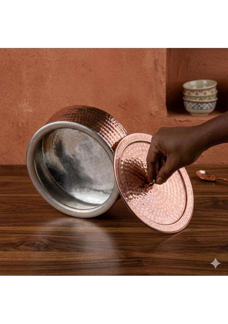 SHAAN mfg. Pure Handcrafted Copper Lagan Handi Patila Cooking Pot with Lid | 3 L | 3.2 Qt | Lead Free | Tin Lined Kalai - Indya