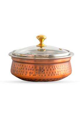 INDIAN ART VILLA Steel Copper Handi Cooking Pot with Glass Lid | 0.5 L | 0.5 Qt | 5.8 Inch | Hammered Finish