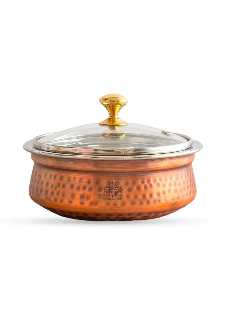 INDIAN ART VILLA Steel Copper Handi Cooking Pot with Glass Lid | 0.5 L | 0.5 Qt | 5.8 Inch | Hammered Finish - Indya