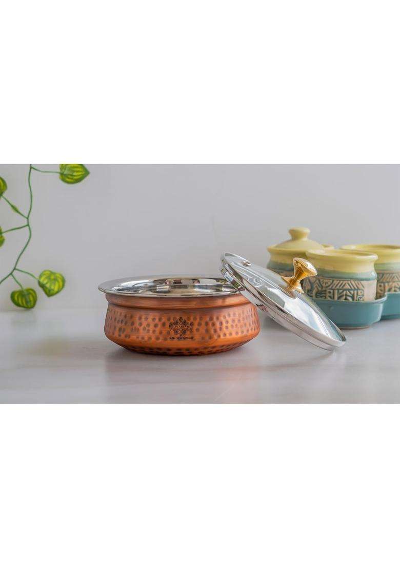 INDIAN ART VILLA Steel Copper Handi Cooking Pot with Glass Lid | 0.5 L | 0.5 Qt | 5.8 Inch | Hammered Finish - Indya