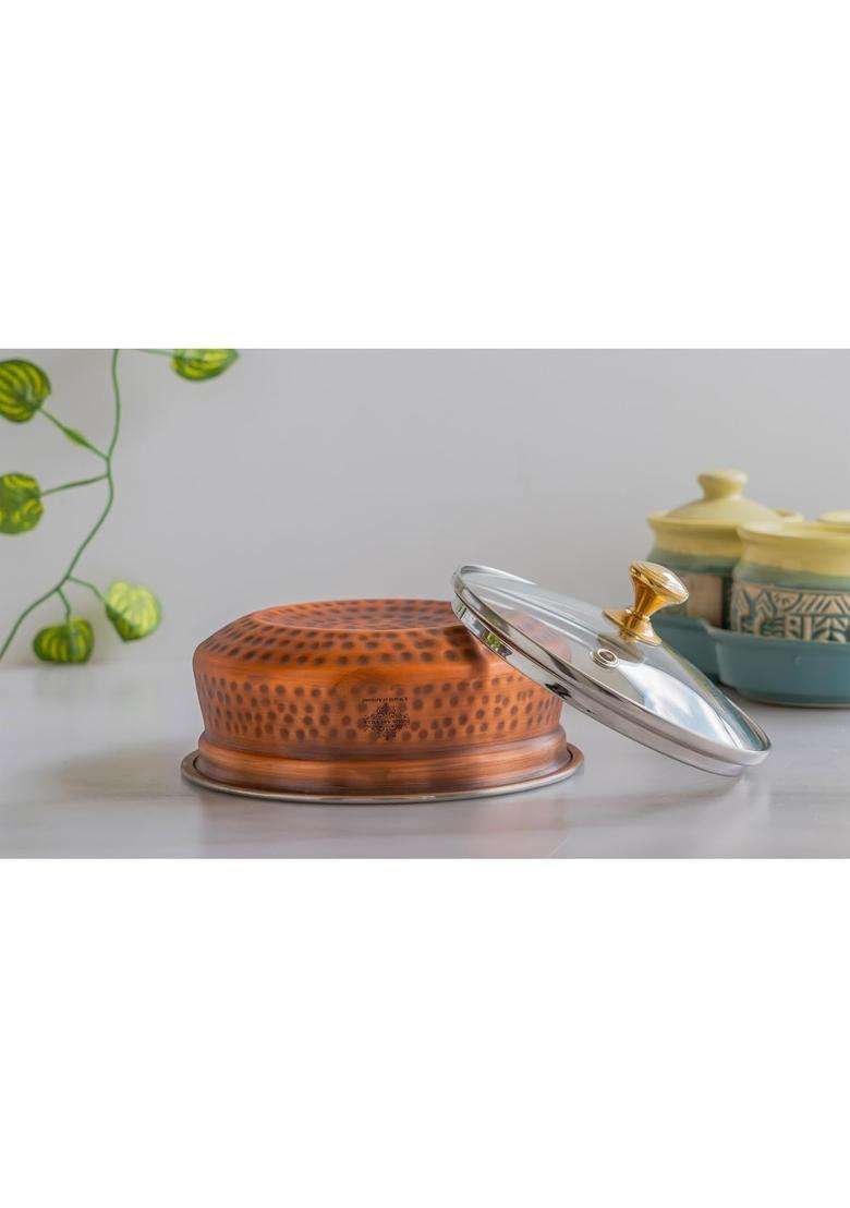 INDIAN ART VILLA Steel Copper Handi Cooking Pot with Glass Lid | 0.5 L | 0.5 Qt | 5.8 Inch | Hammered Finish - Indya