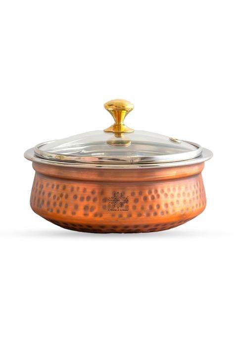 INDIAN ART VILLA Steel Copper Handi Cooking Pot with Glass Lid | 0.5 L | 0.5 Qt | 5.8 Inch | Hammered Finish