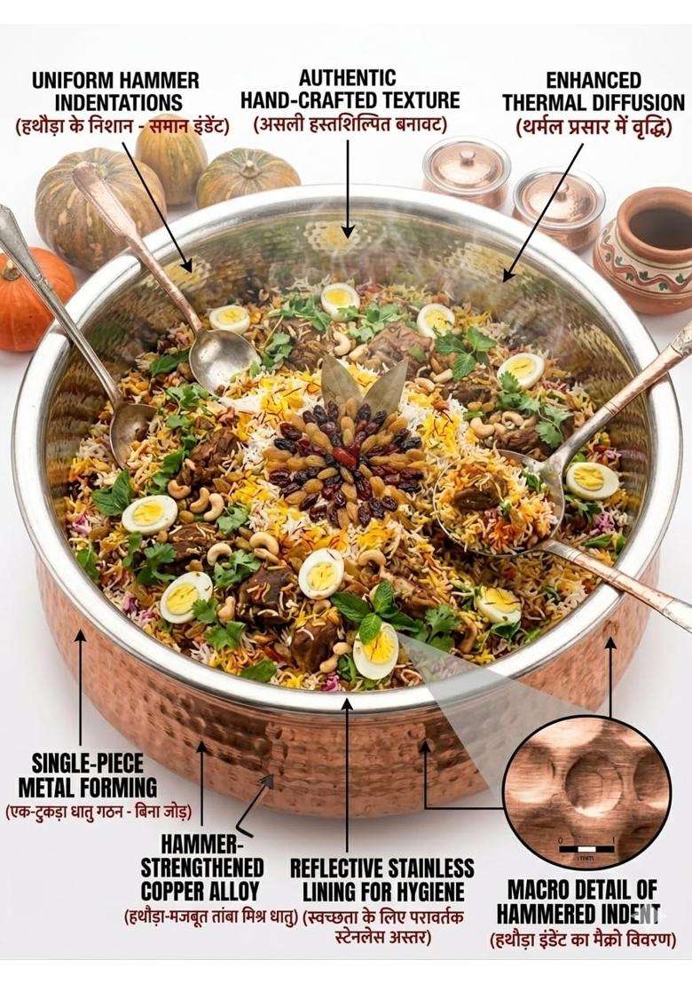 SHAAN mfg. Pure Copper Lagan Handi Dish Pan with Tin Lining | 5 L | 5.3 Qt | 12 Inch - Indya