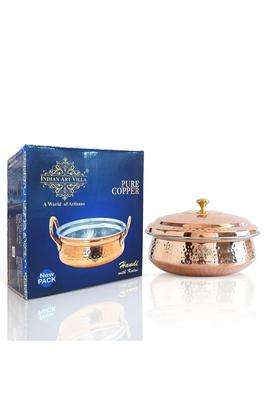 INDIAN ART VILLA Steel Copper Handi Cooking Pot with Lid | 0.5 L | 0.5 Qt | Hammered Finish