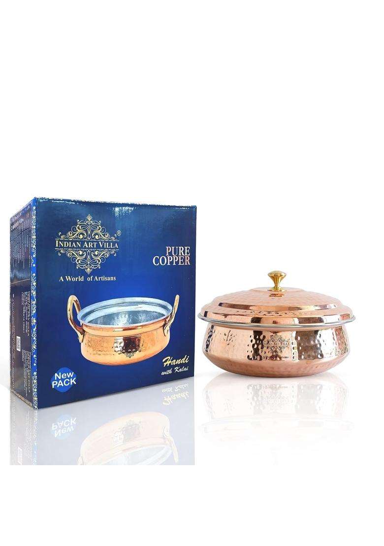 INDIAN ART VILLA Steel Copper Handi Cooking Pot with Lid | 0.5 L | 0.5 Qt | Hammered Finish - Indya