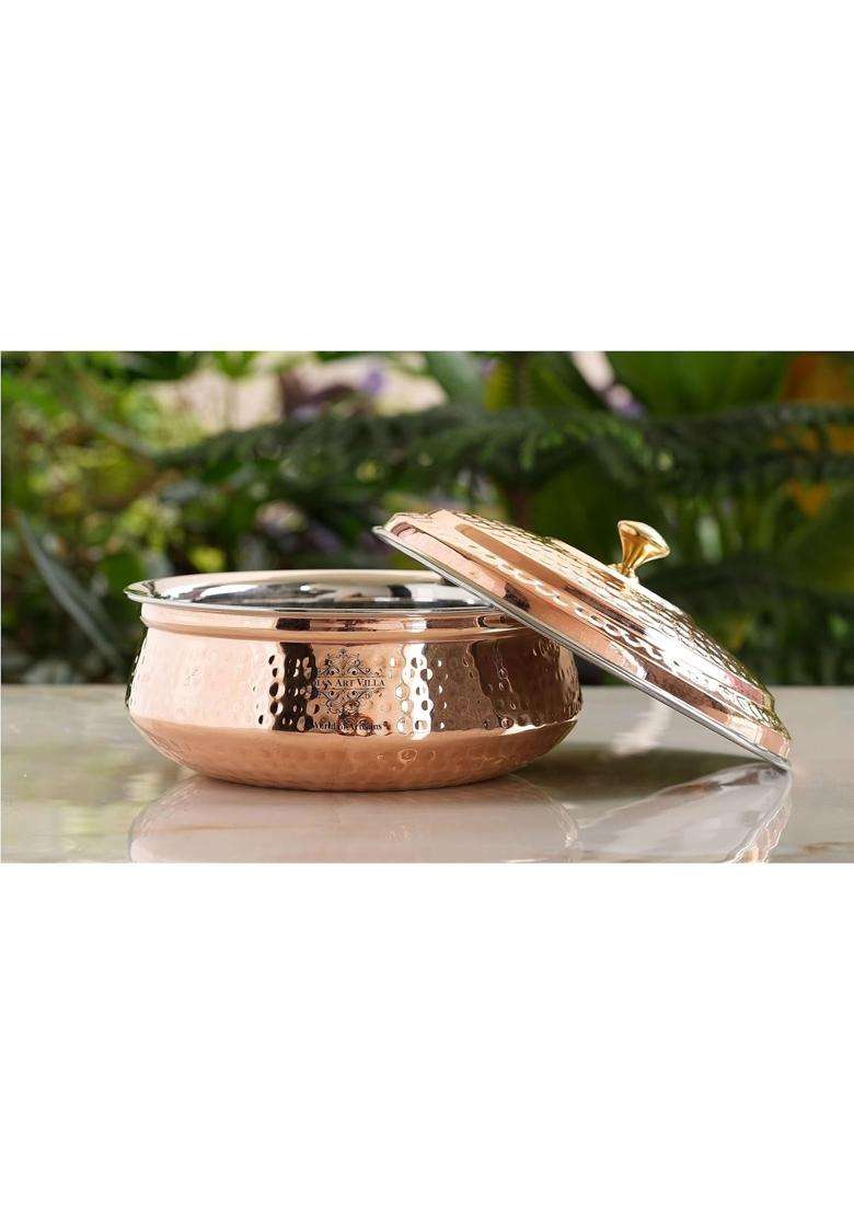 INDIAN ART VILLA Steel Copper Handi Cooking Pot with Lid | 0.5 L | 0.5 Qt | Hammered Finish - Indya
