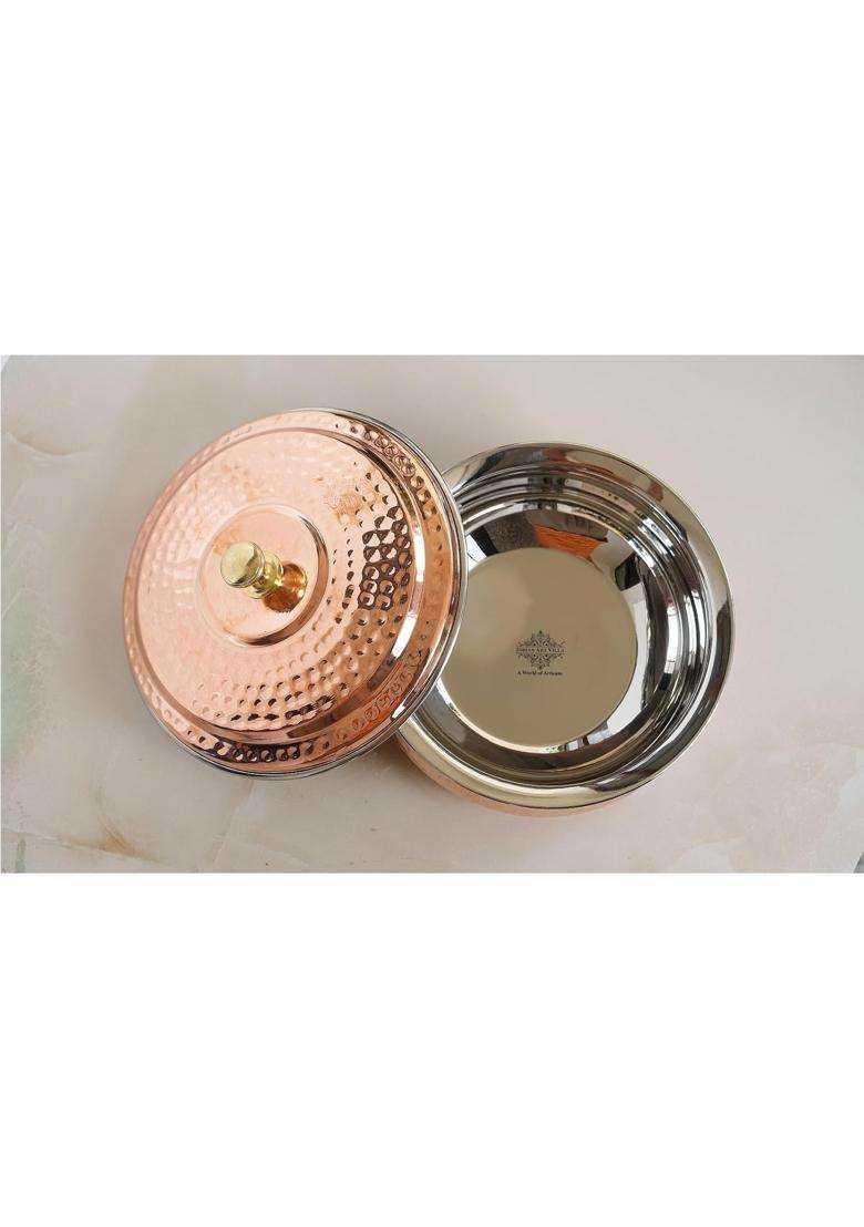 INDIAN ART VILLA Steel Copper Handi Cooking Pot with Lid | 0.5 L | 0.5 Qt | Hammered Finish - Indya