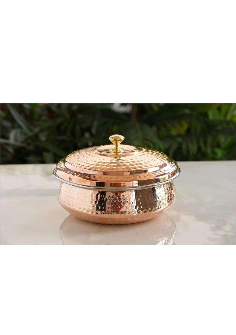 INDIAN ART VILLA Steel Copper Handi Cooking Pot with Lid | 0.5 L | 0.5 Qt | Hammered Finish - Indya