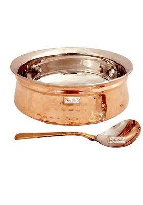 Prisha India Craft Stainless Steel Copper Handi Cooking Pot Bowl with 1 Serving Spoon | 500 ml | 16.9 fl oz