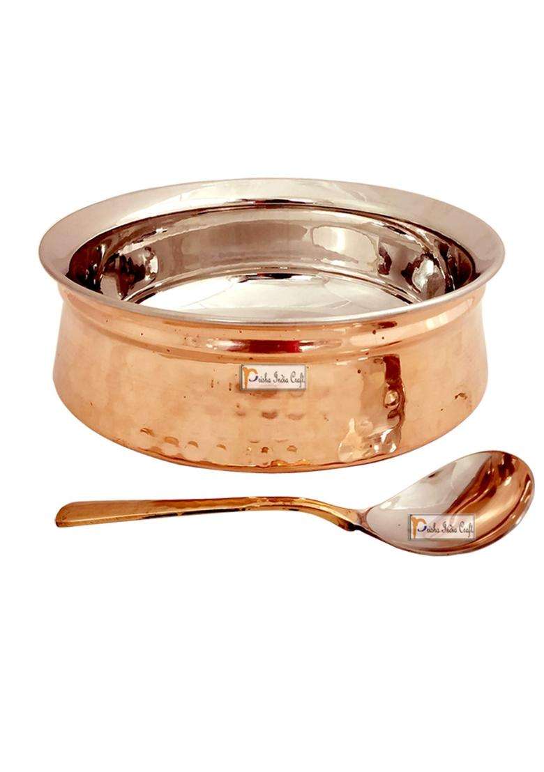Prisha India Craft Stainless Steel Copper Handi Cooking Pot Bowl with 1 Serving Spoon | 500 ml | 16.9 fl oz - Indya