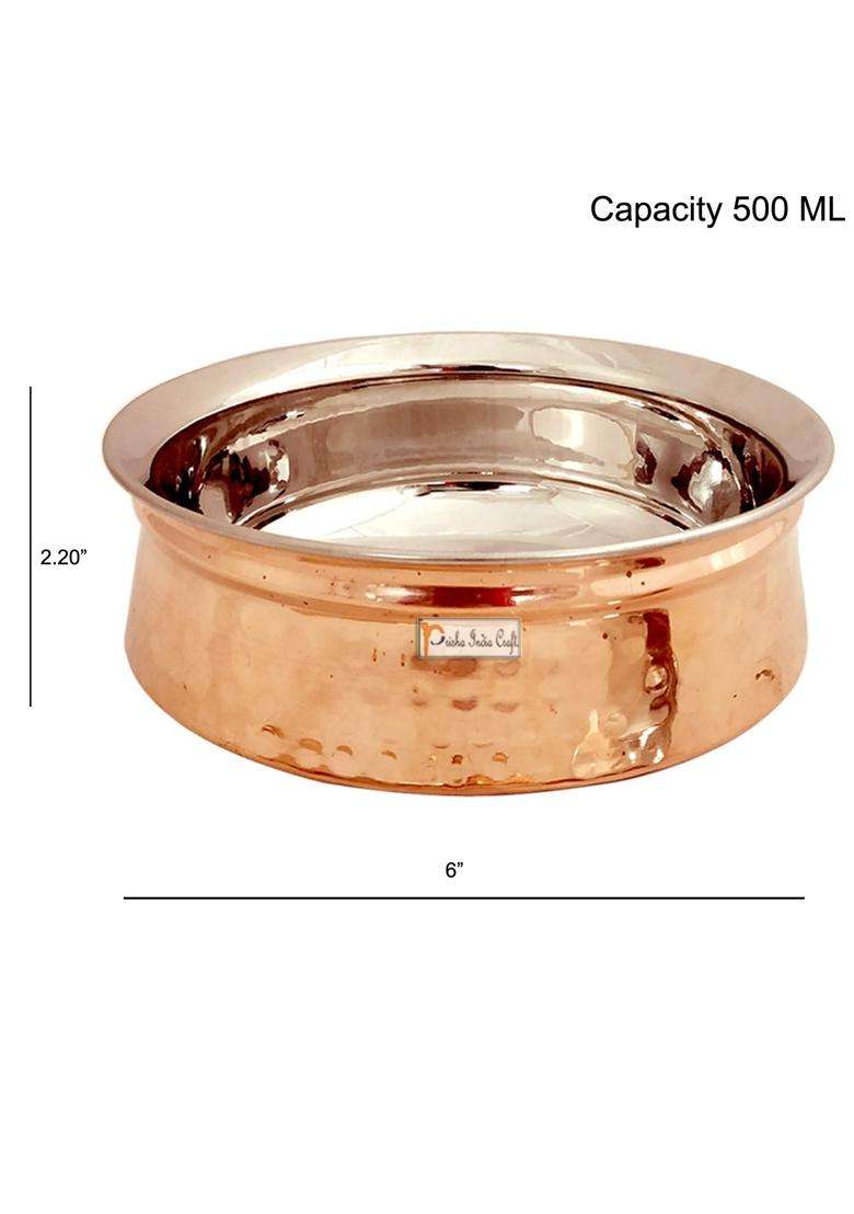 Prisha India Craft Stainless Steel Copper Handi Cooking Pot Bowl with 1 Serving Spoon | 500 ml | 16.9 fl oz - Indya