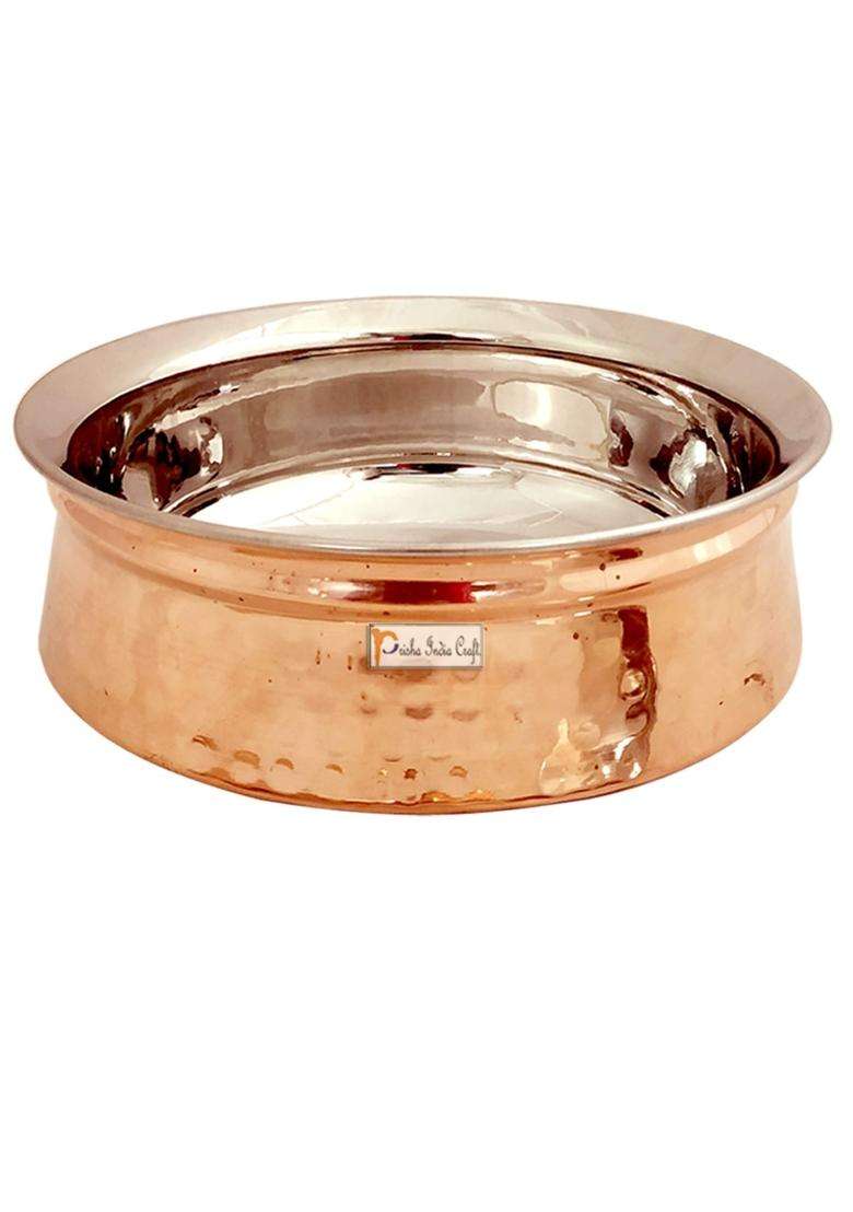 Prisha India Craft Stainless Steel Copper Handi Cooking Pot Bowl with 1 Serving Spoon | 500 ml | 16.9 fl oz - Indya