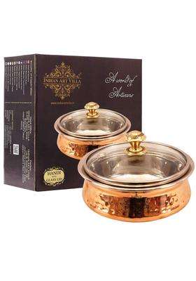 Indian Art Villa Steel Copper Serving Handi Cooking Pot with Glass Lid | 350 ml | 11.8 fl oz