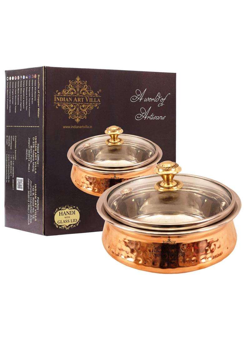 Indian Art Villa Steel Copper Serving Handi Cooking Pot with Glass Lid | 350 ml | 11.8 fl oz - Indya
