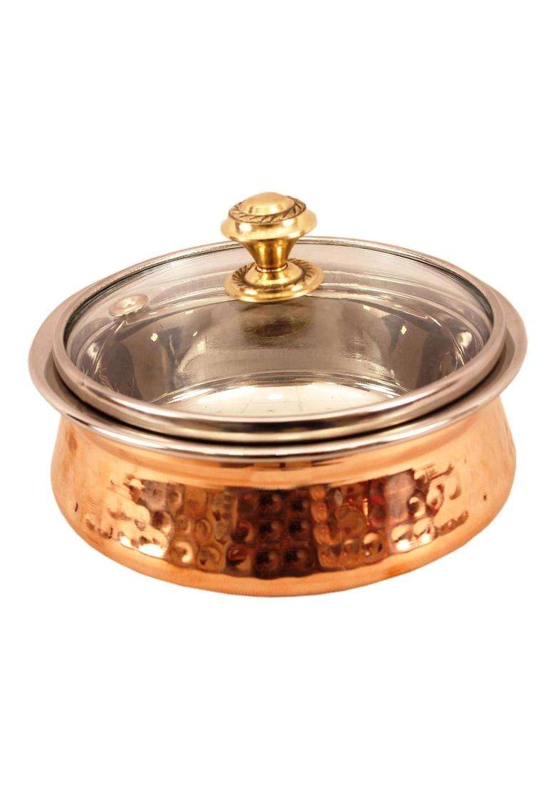 Indian Art Villa Steel Copper Serving Handi Cooking Pot with Glass Lid | 350 ml | 11.8 fl oz - Indya