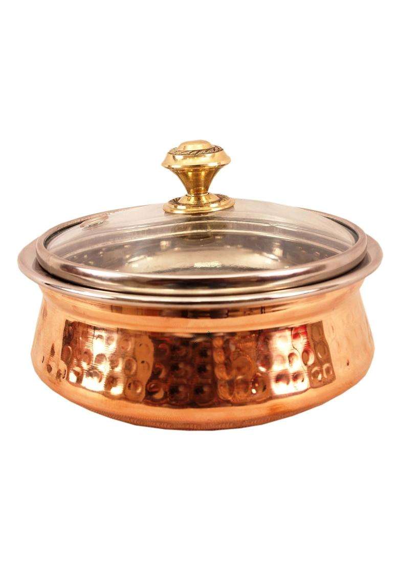 Indian Art Villa Steel Copper Serving Handi Cooking Pot with Glass Lid | 350 ml | 11.8 fl oz - Indya