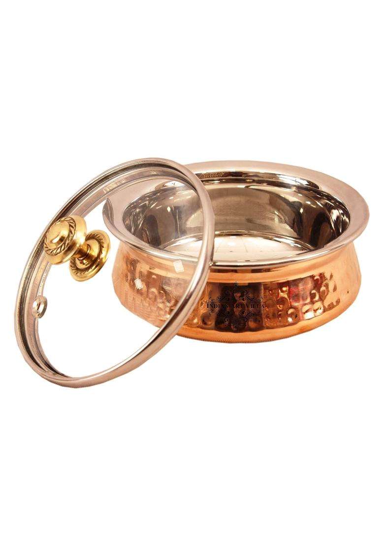 Indian Art Villa Steel Copper Serving Handi Cooking Pot with Glass Lid | 350 ml | 11.8 fl oz - Indya