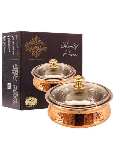 Indian Art Villa Steel Copper Serving Handi Cooking Pot with Glass Lid | 350 ml | 11.8 fl oz