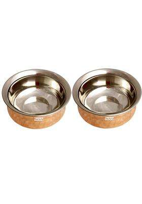 Prisha India Craft Hammered Steel Copper Handi Cooking Pot Bowl | 250 ml | 8.5 fl oz | 2-Piece Set