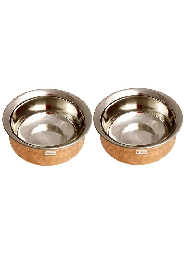 Prisha India Craft Hammered Steel Copper Handi Cooking Pot Bowl | 250 ml | 8.5 fl oz | 2-Piece Set - Indya