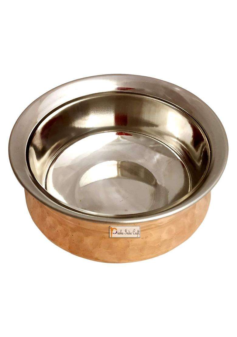 Prisha India Craft Hammered Steel Copper Handi Cooking Pot Bowl | 250 ml | 8.5 fl oz | 2-Piece Set - Indya