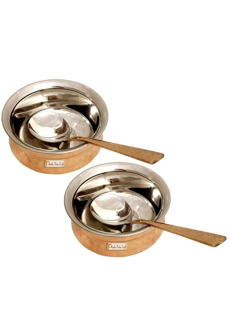 Prisha India Craft Steel Copper Handi Cooking Pot Spoon Set Bowl | 250 ml | 8.5 fl oz | 2-Piece Set - Indya