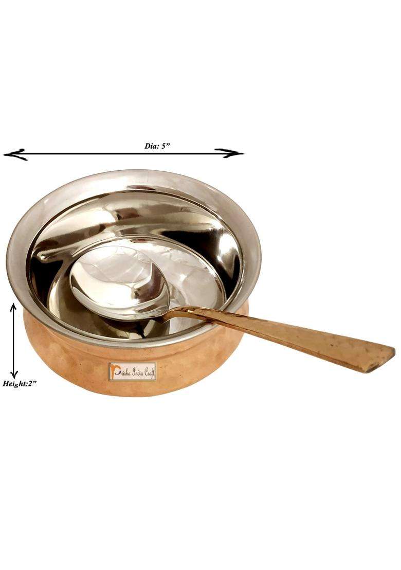 Prisha India Craft Steel Copper Handi Cooking Pot Spoon Set Bowl | 250 ml | 8.5 fl oz | 2-Piece Set - Indya