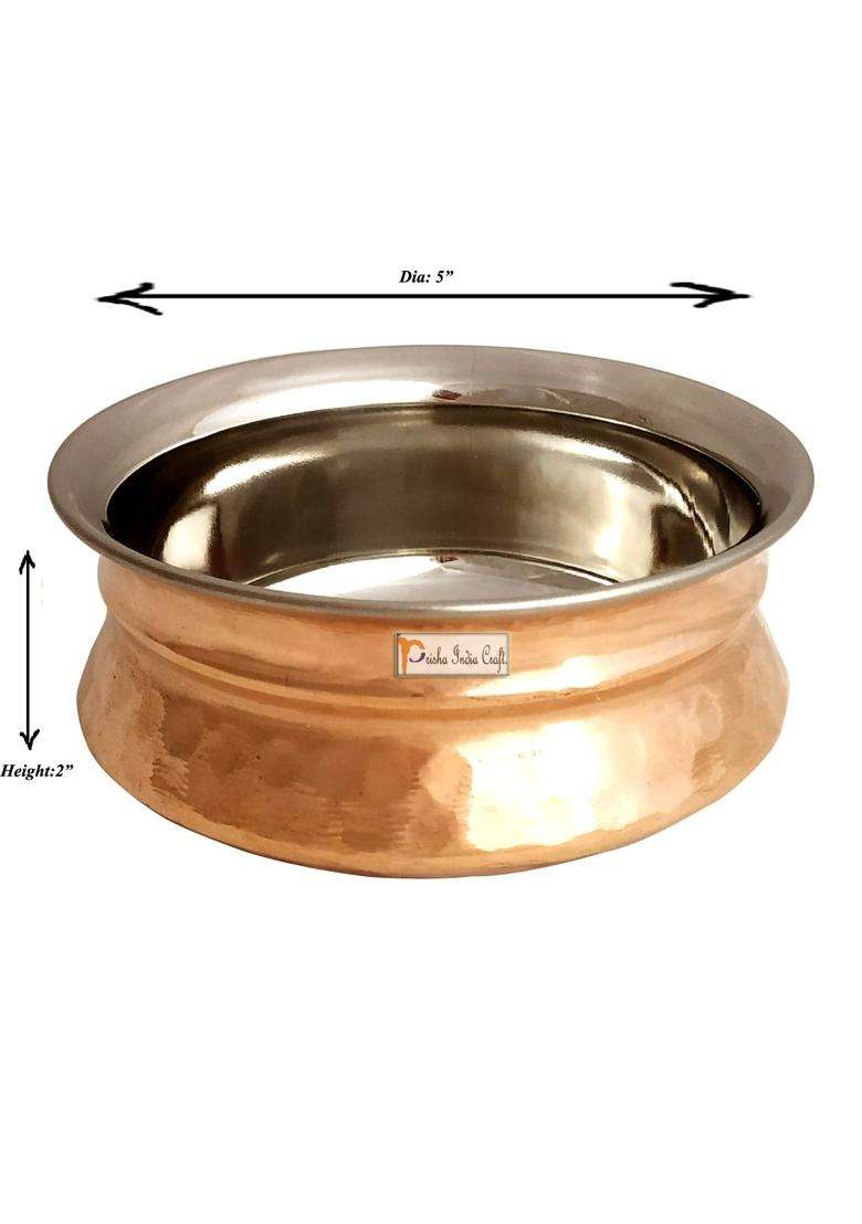 Prisha India Craft Steel Copper Handi Cooking Pot Spoon Set Bowl | 250 ml | 8.5 fl oz | 2-Piece Set - Indya