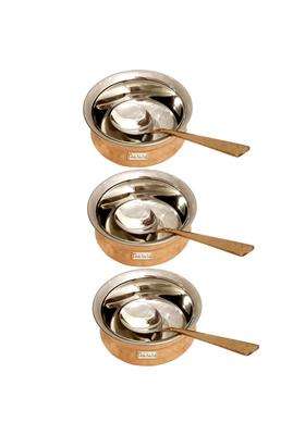 Prisha India Craft Steel Copper Handi Cooking Pot Spoon Set Bowl | 300 ml | 10.1 fl oz | 3-Piece Set