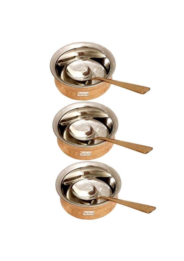 Prisha India Craft Steel Copper Handi Cooking Pot Spoon Set Bowl | 300 ml | 10.1 fl oz | 3-Piece Set - Indya