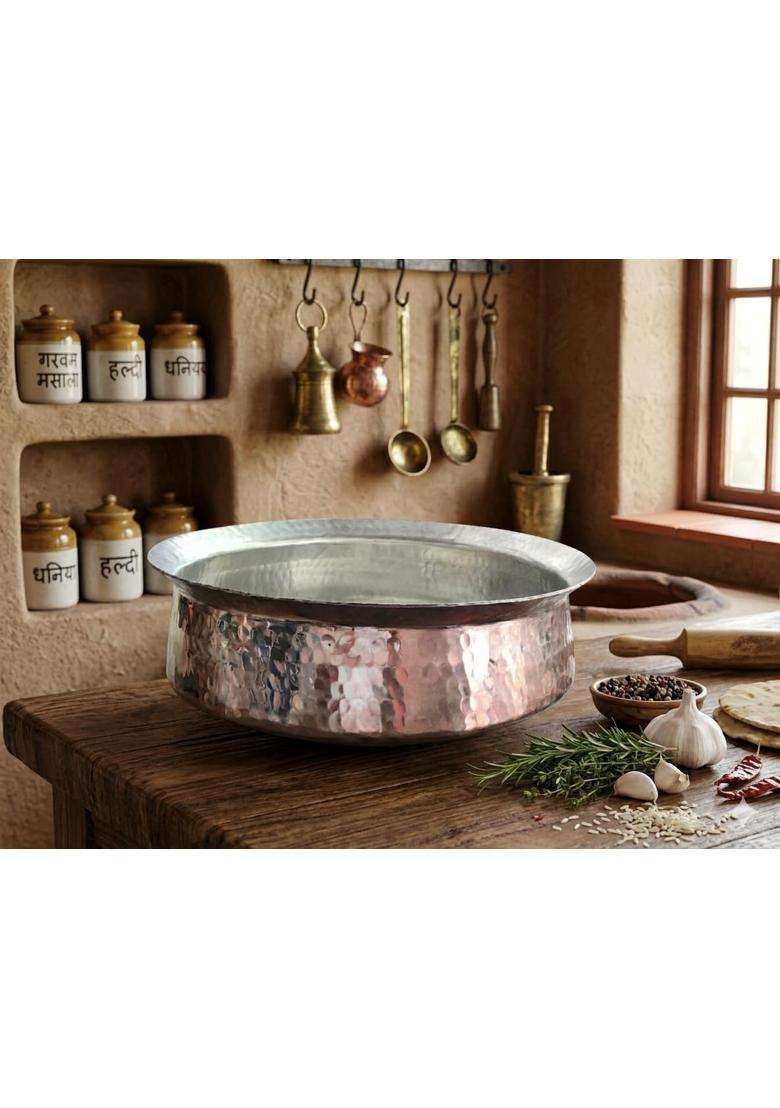 SHAAN mfg. Copper Lagan Handi Dish Pan with Tin Lining | 5 L | 5.3 Qt | 12 Inch - Indya
