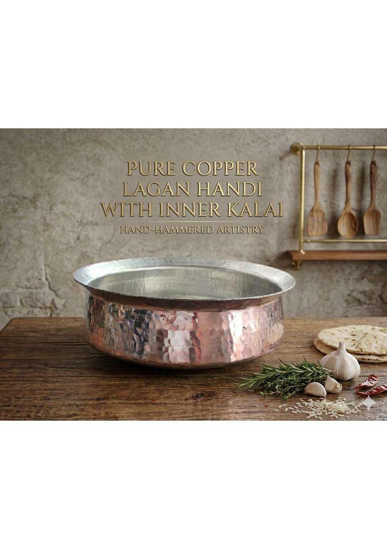 SHAAN mfg. Copper Lagan Handi Dish Pan with Tin Lining | 5 L | 5.3 Qt | 12 Inch - Indya