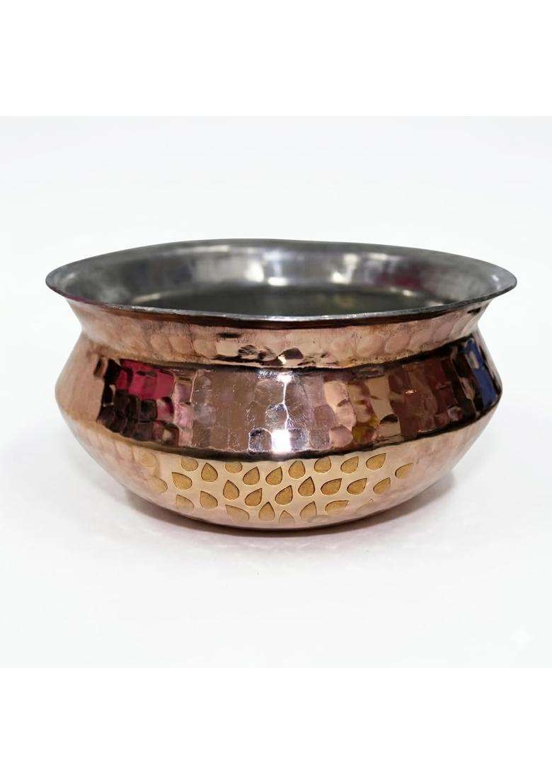 SHAAN mfg. New Hammered Copper Lagan Handi Cooking Pot Serving with Shiny Finish | 2.5 L | 2.6 Qt - Indya