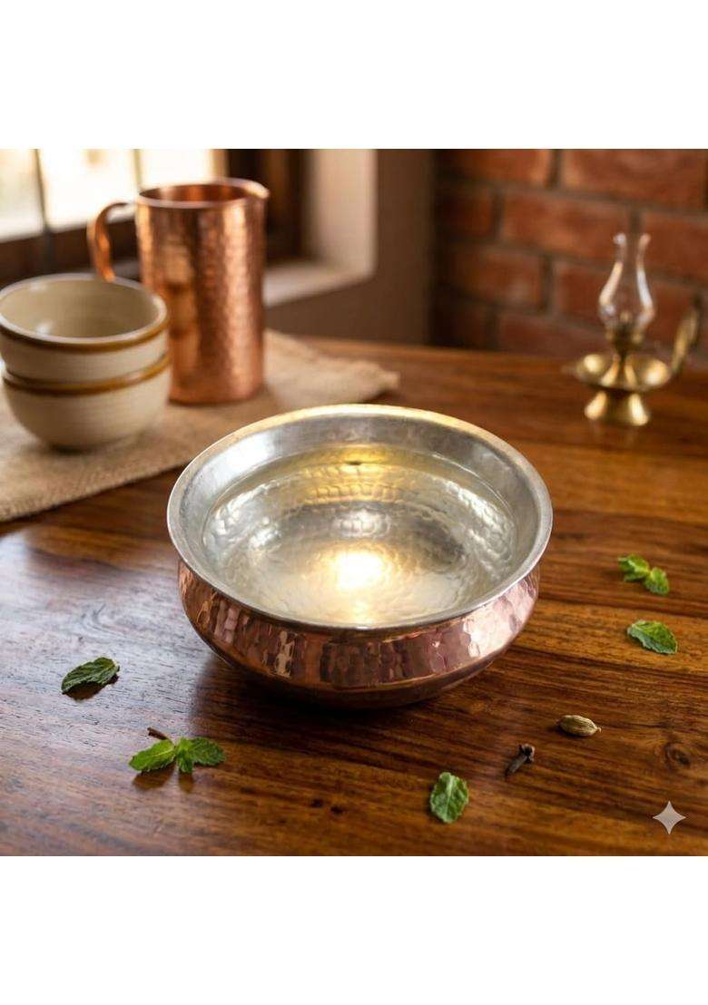 SHAAN mfg. New Hammered Copper Lagan Handi Cooking Pot Serving with Shiny Finish | 2.5 L | 2.6 Qt - Indya