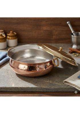 SHAAN mfg. Copper Madurai Handi Tin Coated with Lid Pure Copper Degchi Cooking Pot Teflon Chemical | 4 L | 4.2 Qt | Non-Toxic | Tin Lined Kalai