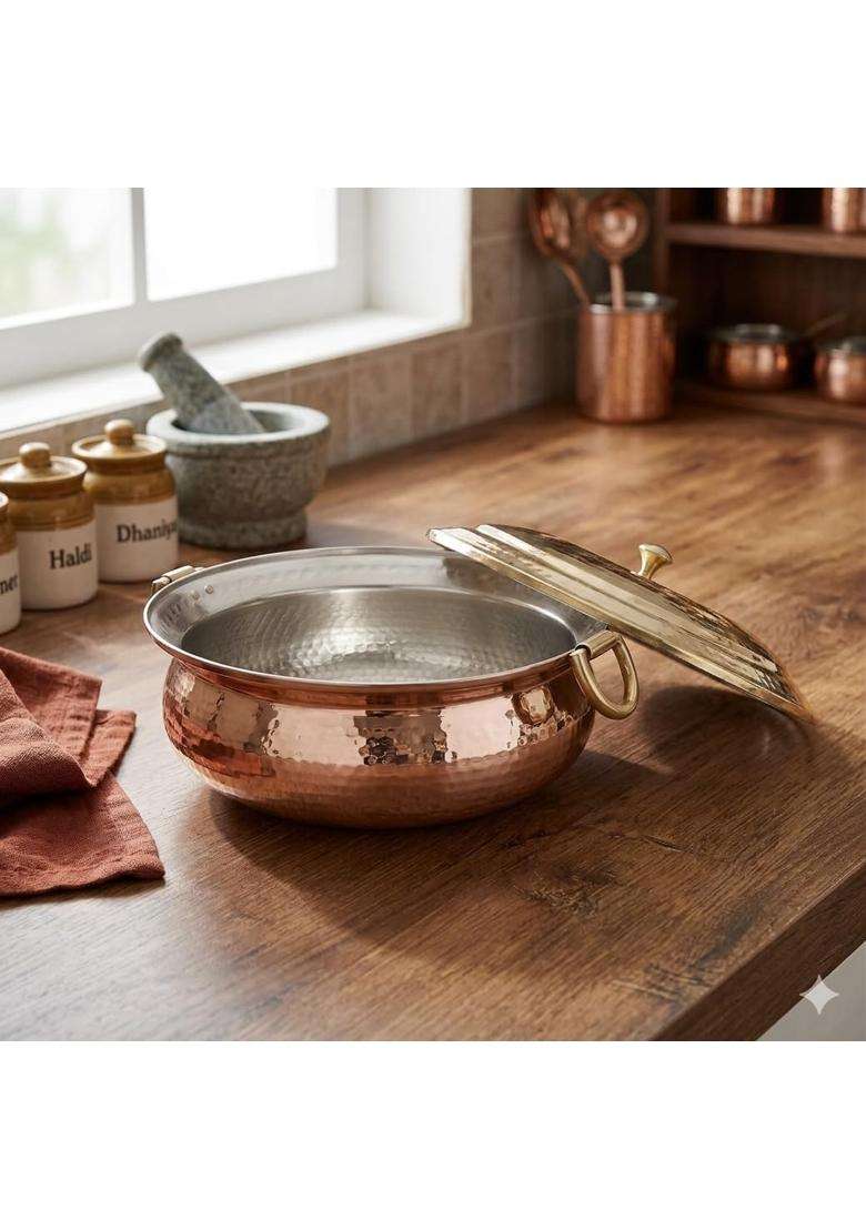 SHAAN mfg. Copper Madurai Handi Tin Coated with Lid Pure Copper Degchi Cooking Pot Teflon Chemical | 4 L | 4.2 Qt | Non-Toxic | Tin Lined Kalai - Indya