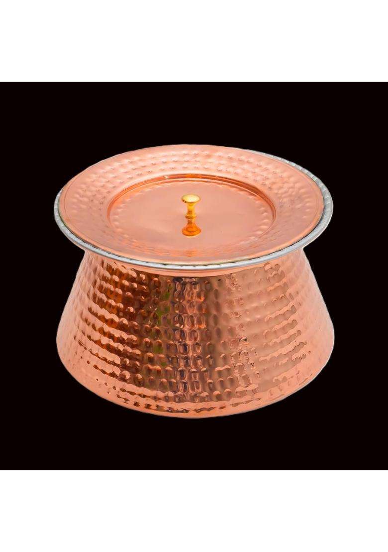 SHAAN mfg. Pure Copper Handi Cooking Pot with Tin Lining and Lid | 2.5 L | 2.6 Qt | Hammered Finish - Indya