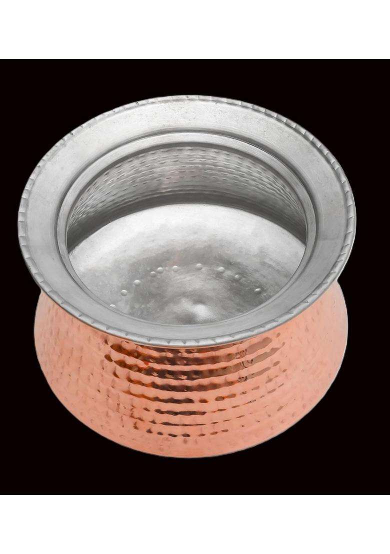 SHAAN mfg. Pure Copper Handi Cooking Pot with Tin Lining and Lid | 2.5 L | 2.6 Qt | Hammered Finish - Indya