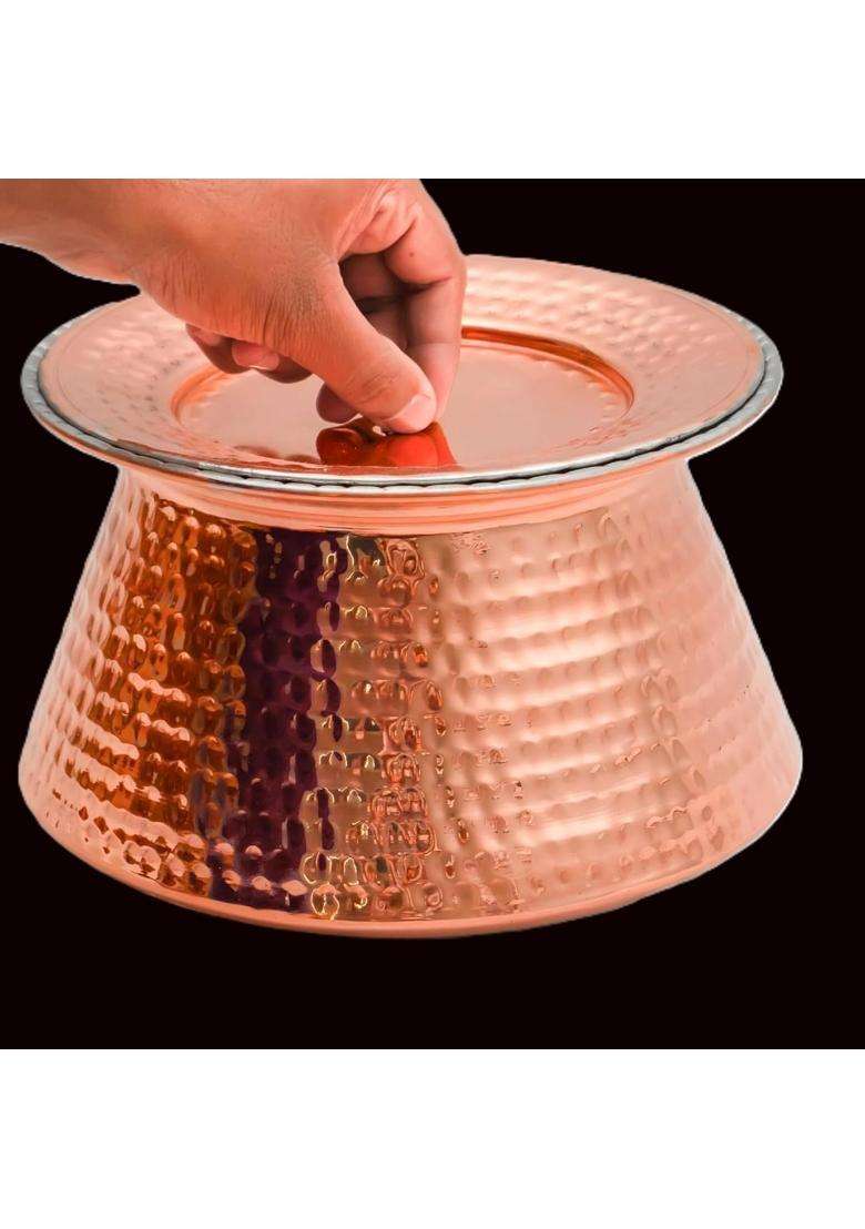 SHAAN mfg. Pure Copper Handi Cooking Pot with Tin Lining and Lid | 2.5 L | 2.6 Qt | Hammered Finish - Indya
