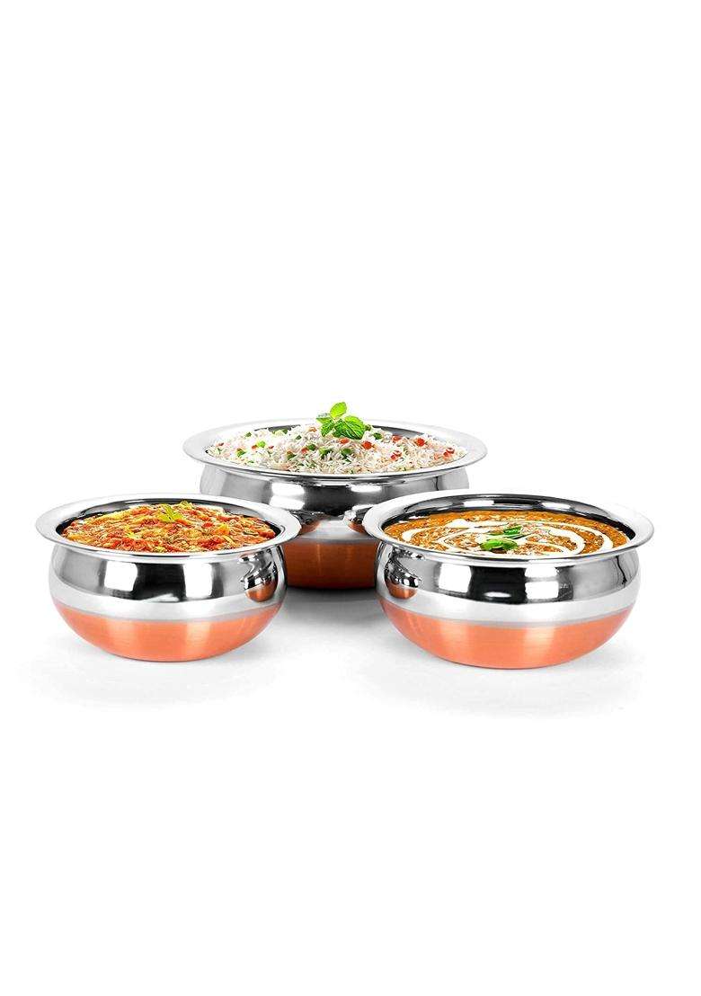 Super HK Stainless Steel Copper Bottom Handi Pot Biryani Punjabi Handi with Lid | 0.5 L | 0.5 Qt | Pack of 3 - Indya