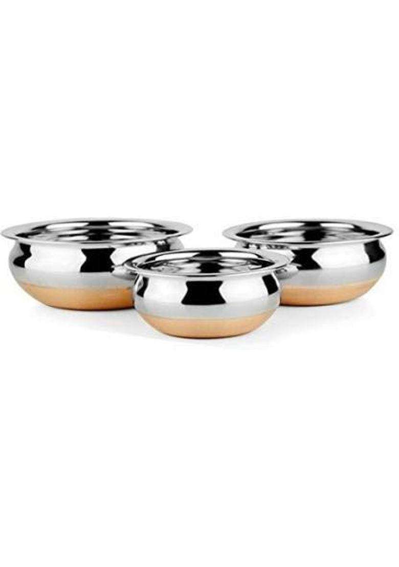 Super HK Stainless Steel Copper Bottom Handi Pot Biryani Punjabi Handi with Lid | 0.5 L | 0.5 Qt | Pack of 3 - Indya