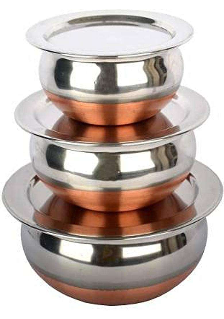 Super HK Stainless Steel Copper Bottom Handi Pot Biryani Punjabi Handi with Lid | 0.5 L | 0.5 Qt | Pack of 3 - Indya