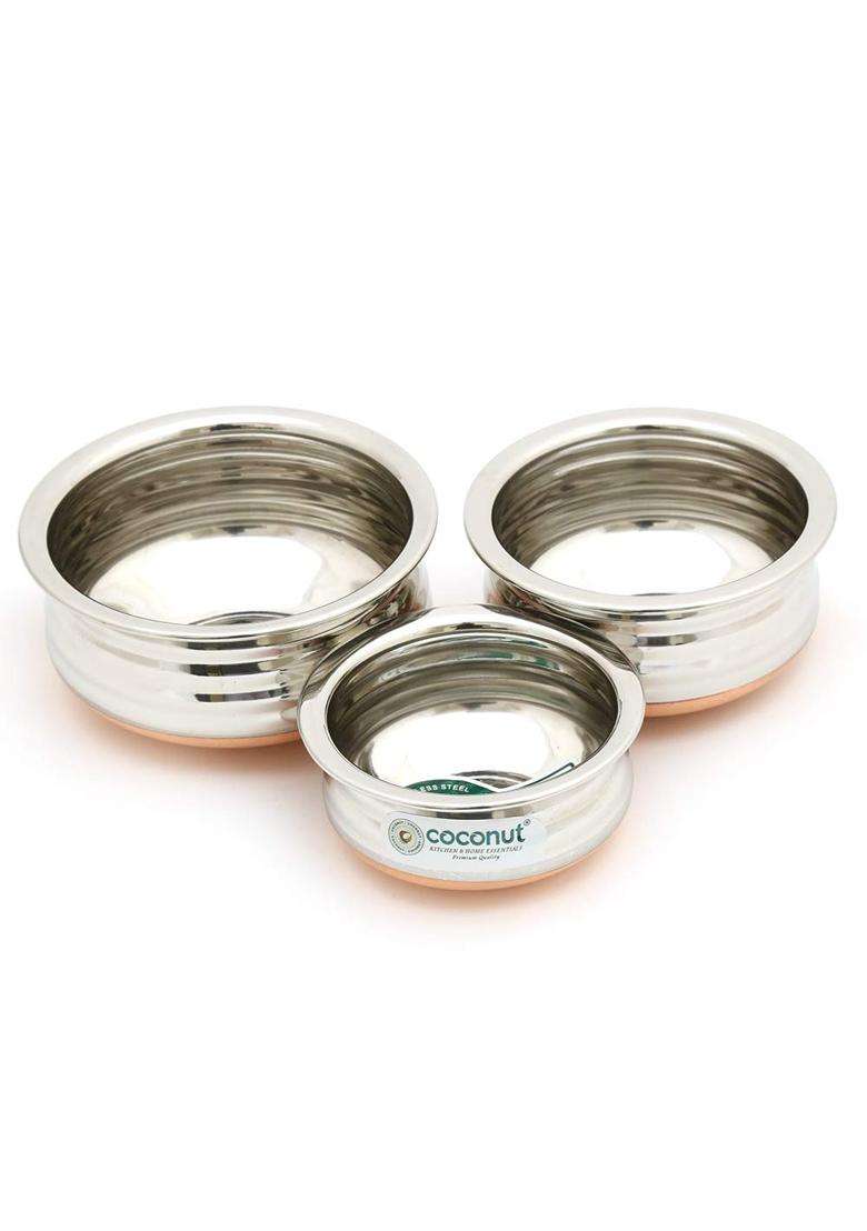 coconut Stainless Steel and Copper Bottom Marvel Mini Handi Cooking Pot | 150 ml | 5.1 fl oz | 3-Piece Set - Indya