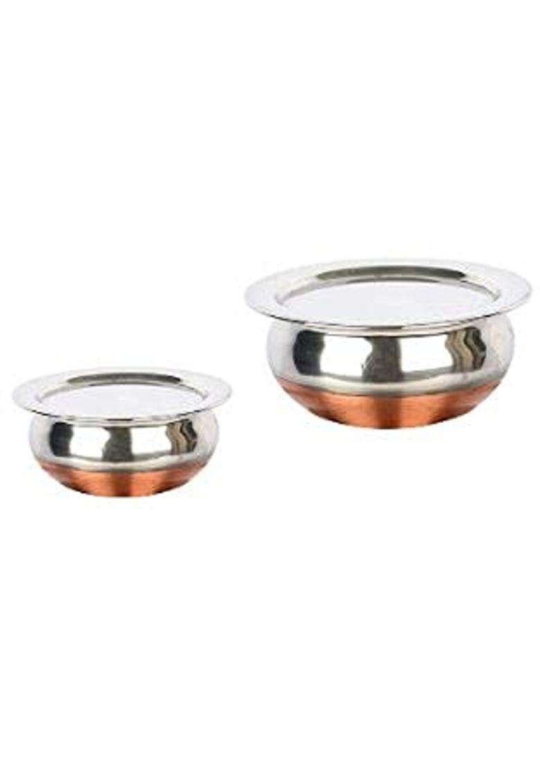 Super HK Stainless Steel Copper Bottom Handi Pot Biryani Punjabi Handi with Lid | 0.5 L | 0.5 Qt | Pack of 2 - Indya
