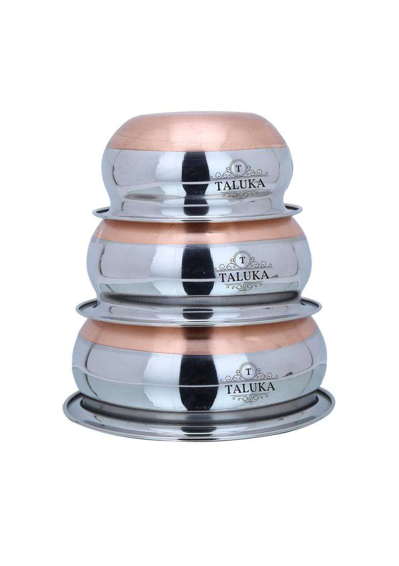 Taluka With T Logo Taluka Stainless Steel Copper Bottom Handi Pot Set Combo Serving Handi Cookware | 500 ml | 16.9 fl oz | 3-Piece Set - Indya