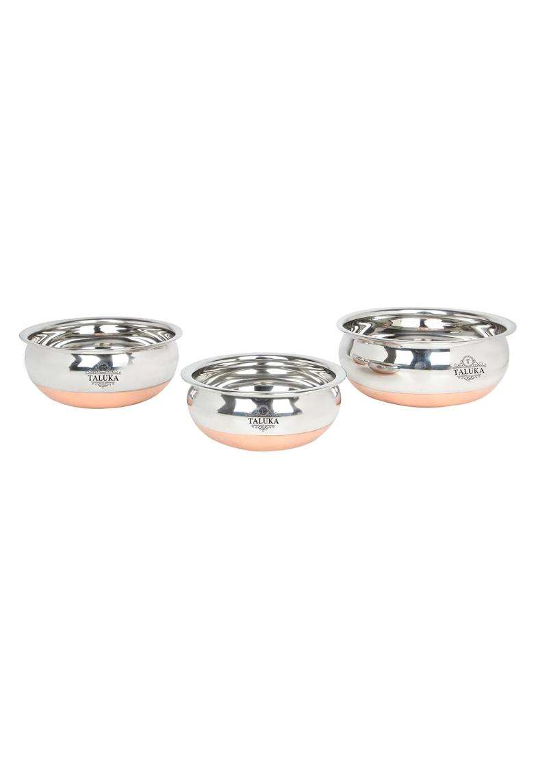 Taluka With T Logo Taluka Stainless Steel Copper Bottom Handi Pot Set Combo Serving Handi Cookware | 500 ml | 16.9 fl oz | 3-Piece Set - Indya