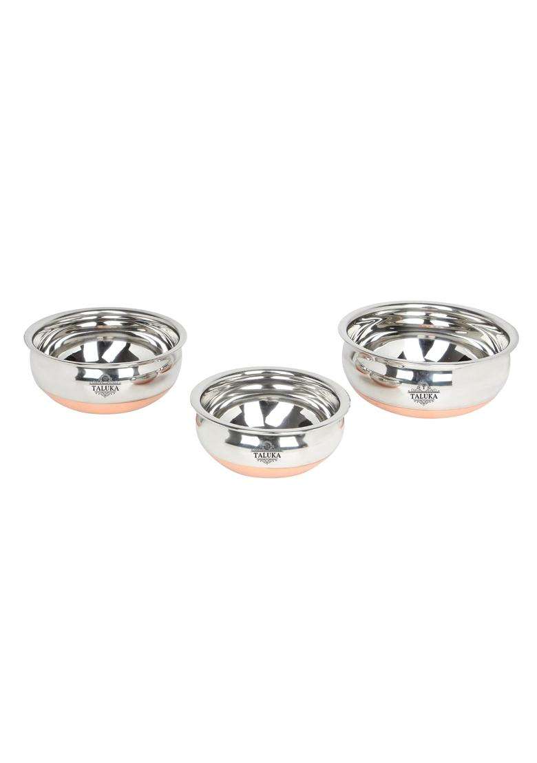 Taluka With T Logo Taluka Stainless Steel Copper Bottom Handi Pot Set Combo Serving Handi Cookware | 500 ml | 16.9 fl oz | 3-Piece Set - Indya